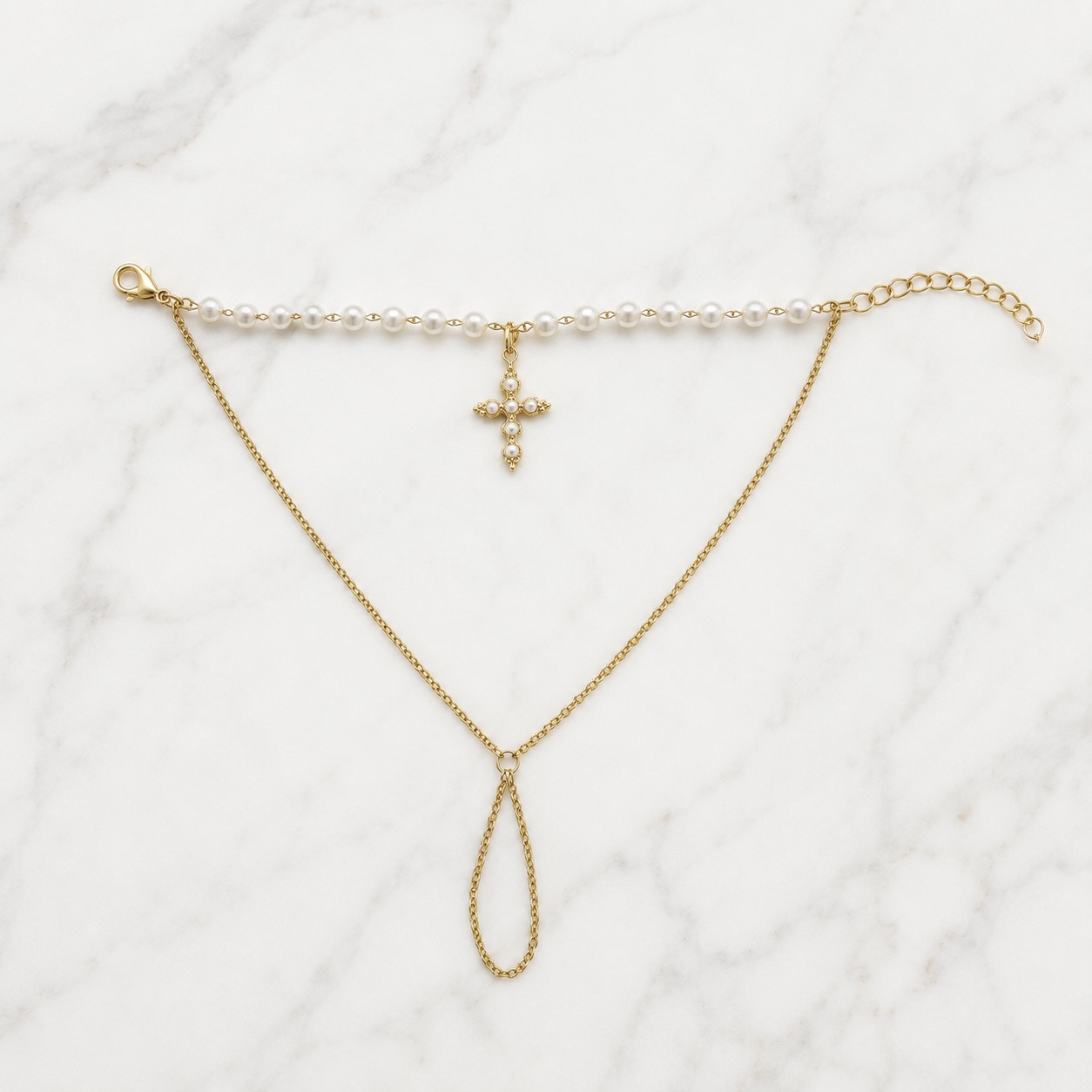 Gold and silver stainless steel pearl hand chain with dangling cross pendant, waterproof faith jewelry for confirmation and communion gifts