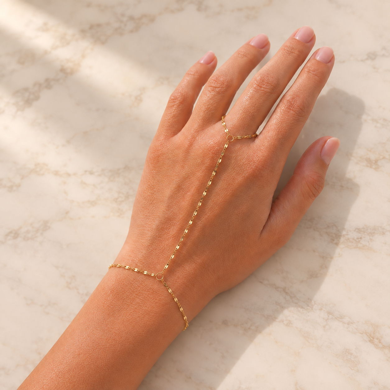 Dainty gold and silver stainless steel mirror link hand chain, adjustable finger to wrist bracelet