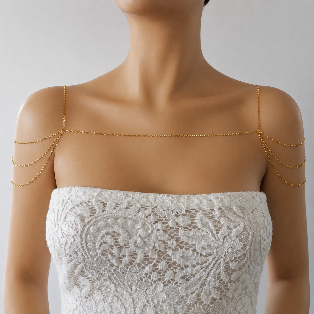 Gold tone stainless steel double shoulder chest chain for wedding and special occasions