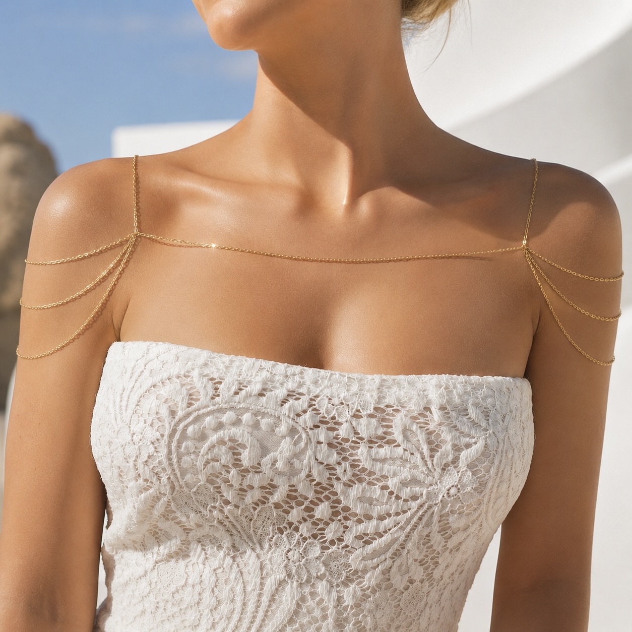 Gold tone stainless steel double shoulder chest chain for wedding and special occasions