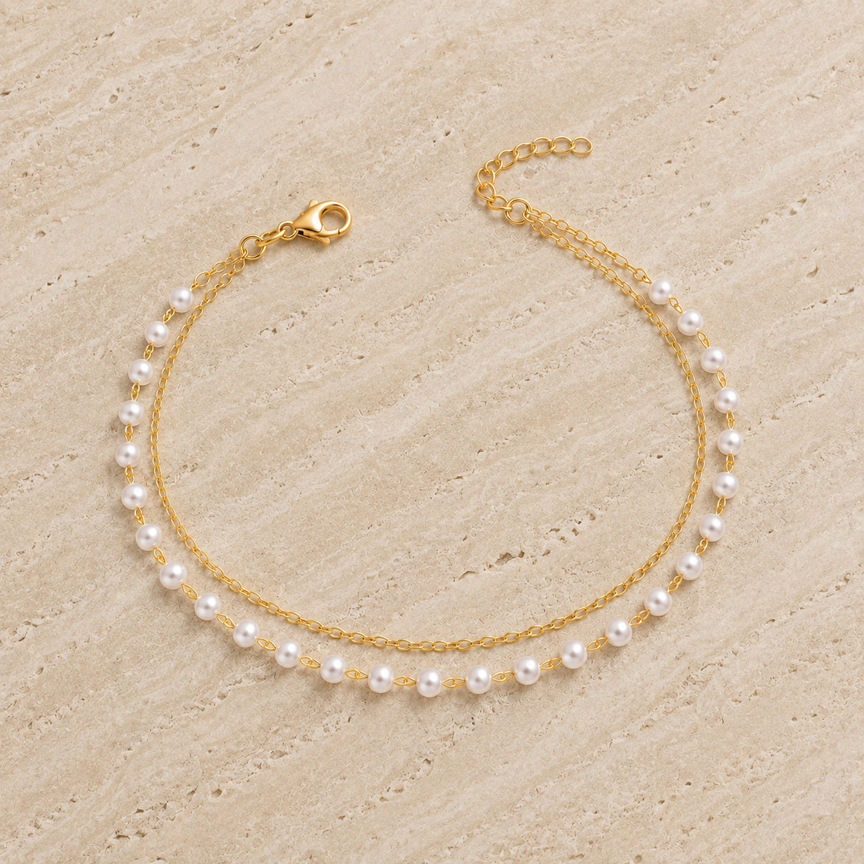 Plus size gold and silver stainless steel faux pearl bracelet, adjustable double-strand wrist chain for curvy women, six fitted sizes