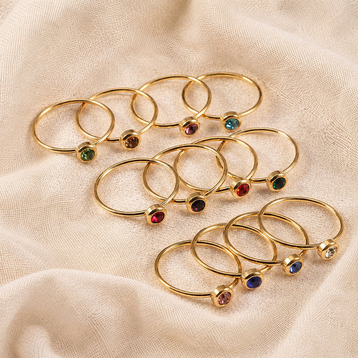 Dainty gold birthstone ring with cubic zirconia stone, stainless steel stacking ring available in 12 birthstone colors, US size 6