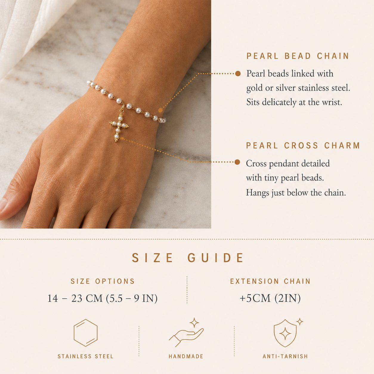 Gold and silver stainless steel pearl rosary bracelet with cross charm, confirmation and baptism gift