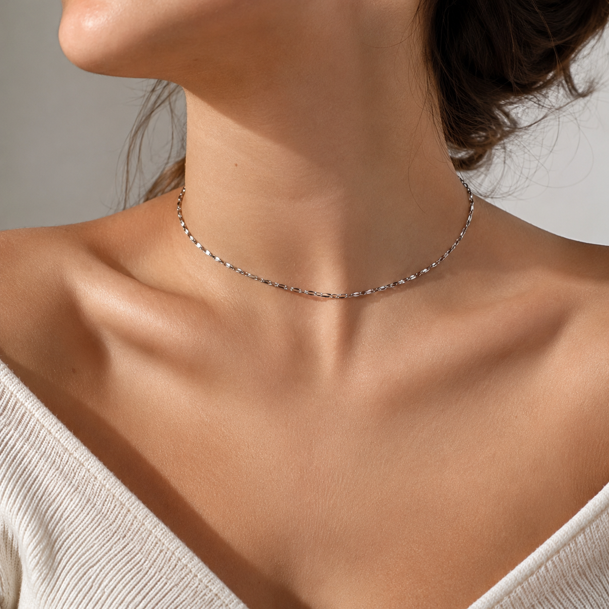 Dainty satellite link choker necklace in stainless steel, minimalist gold-finish chain for everyday wear
