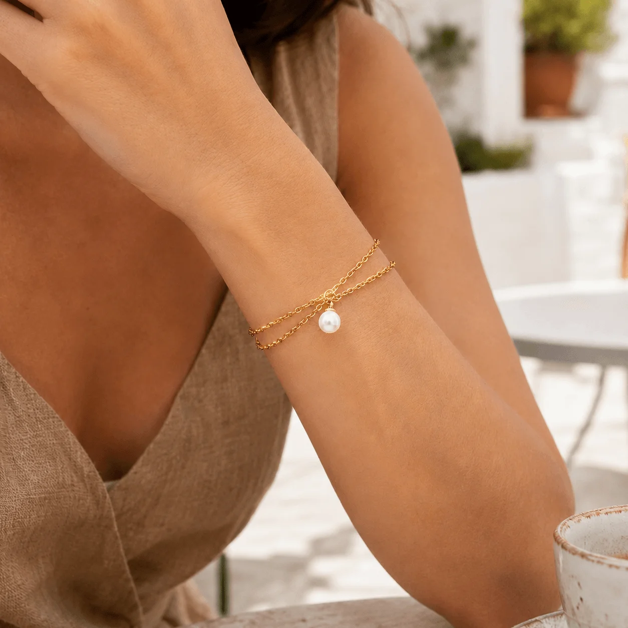 Handcrafted dainty pearl charm bracelet in stainless steel gold with double strands for everyday wear