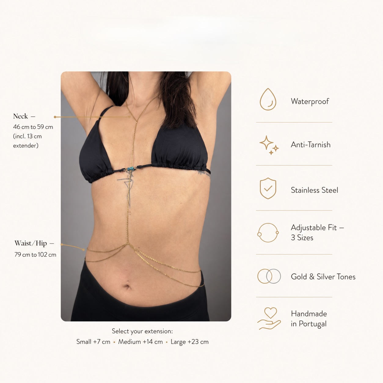 Gold stainless steel bikini body chain necklace for beach and festival wear, waterproof minimalist body jewelry