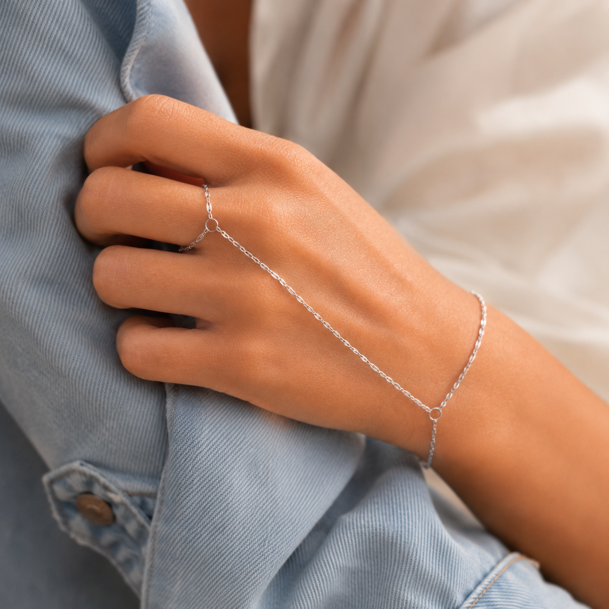 Dainty gold and silver stainless steel mirror link hand chain, adjustable finger to wrist bracelet