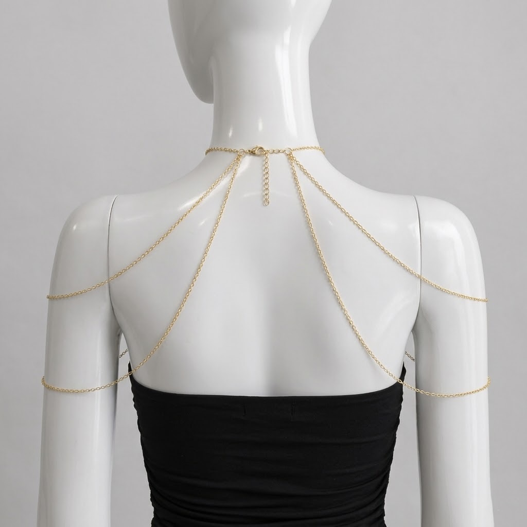 Gold tone stainless steel goddess shoulder chain for weddings and formal events, elegant body jewelry