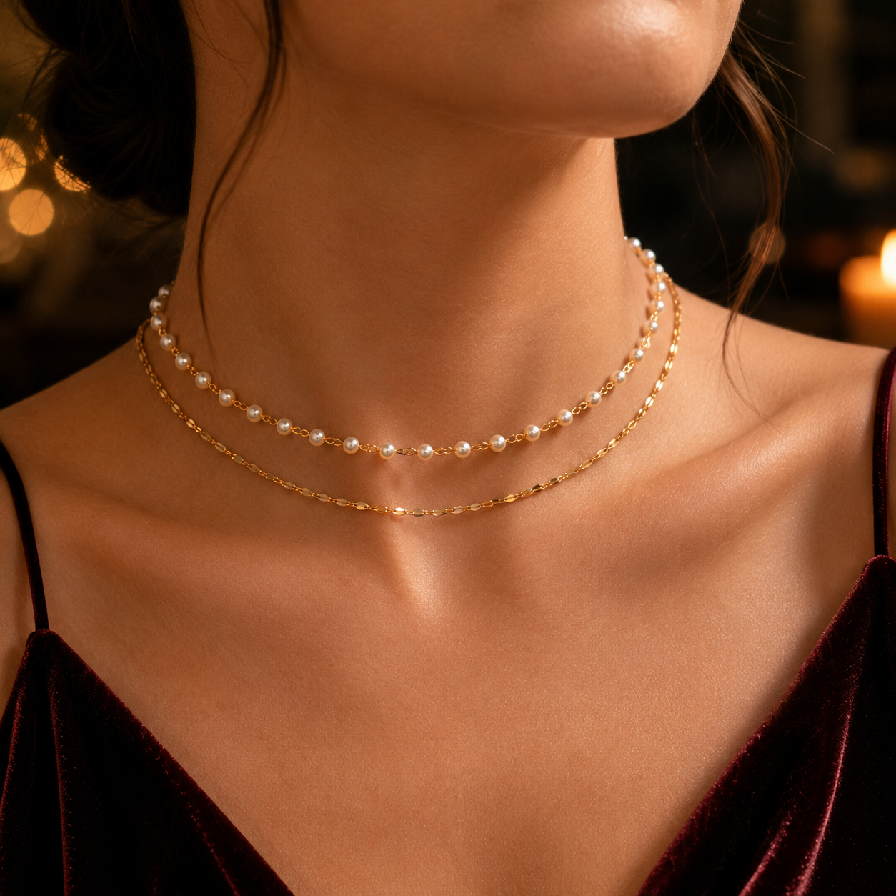 Dainty pearl bead choker necklace layered with a fine gold-tone or silver-tone cable chain in waterproof stainless steel