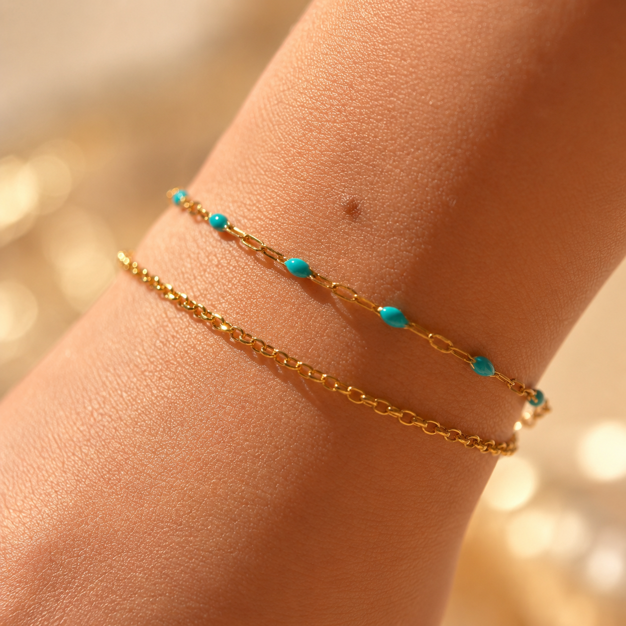 Layered turquoise bead bracelet in stainless steel, delicate double-strand design for everyday wear