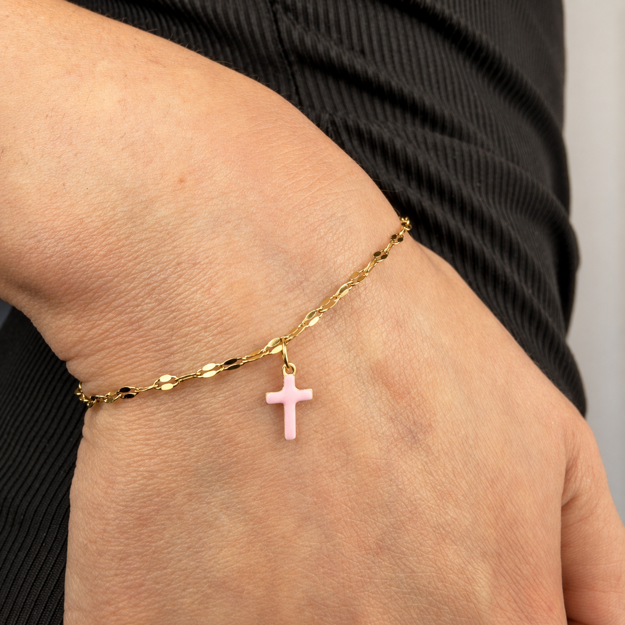 Pink enamel cross charm bracelet on gold mirror-link chain, 316L stainless steel waterproof faith bracelet for First Communion, Confirmation and Baptism gifts