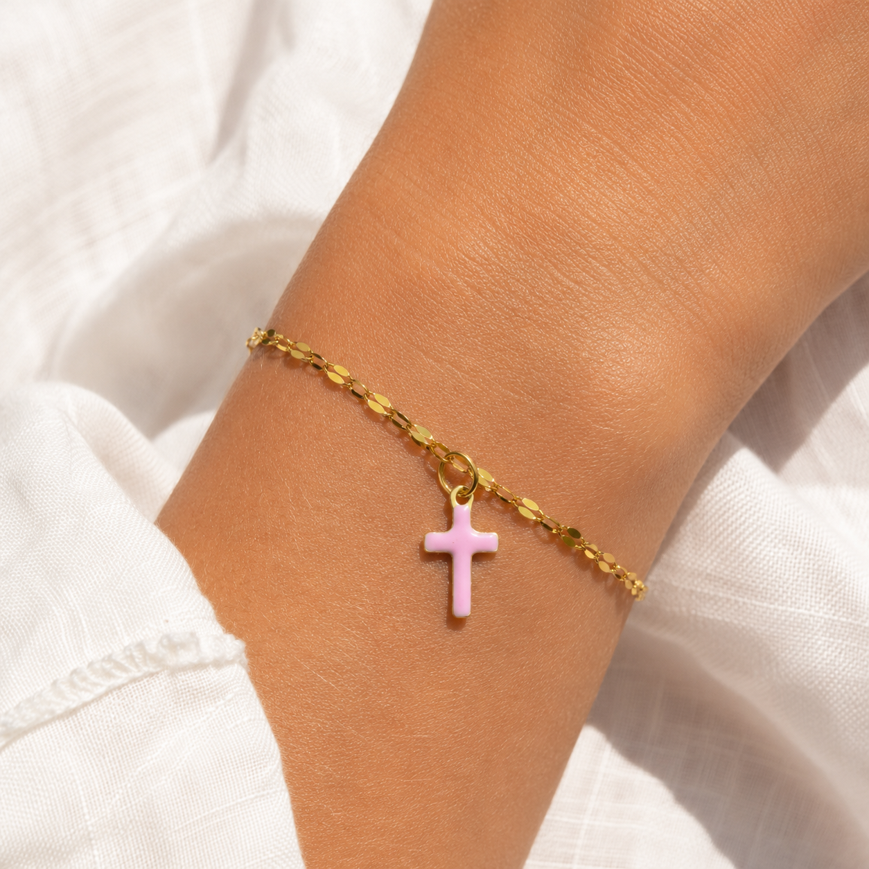Pink enamel cross charm bracelet on gold mirror-link chain, 316L stainless steel waterproof faith bracelet for First Communion, Confirmation and Baptism gifts