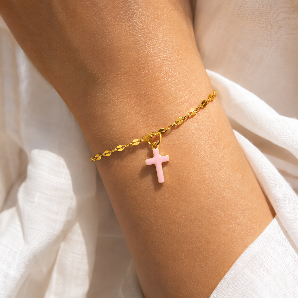 Pink enamel cross charm bracelet on gold mirror-link chain, 316L stainless steel waterproof faith bracelet for First Communion, Confirmation and Baptism gifts