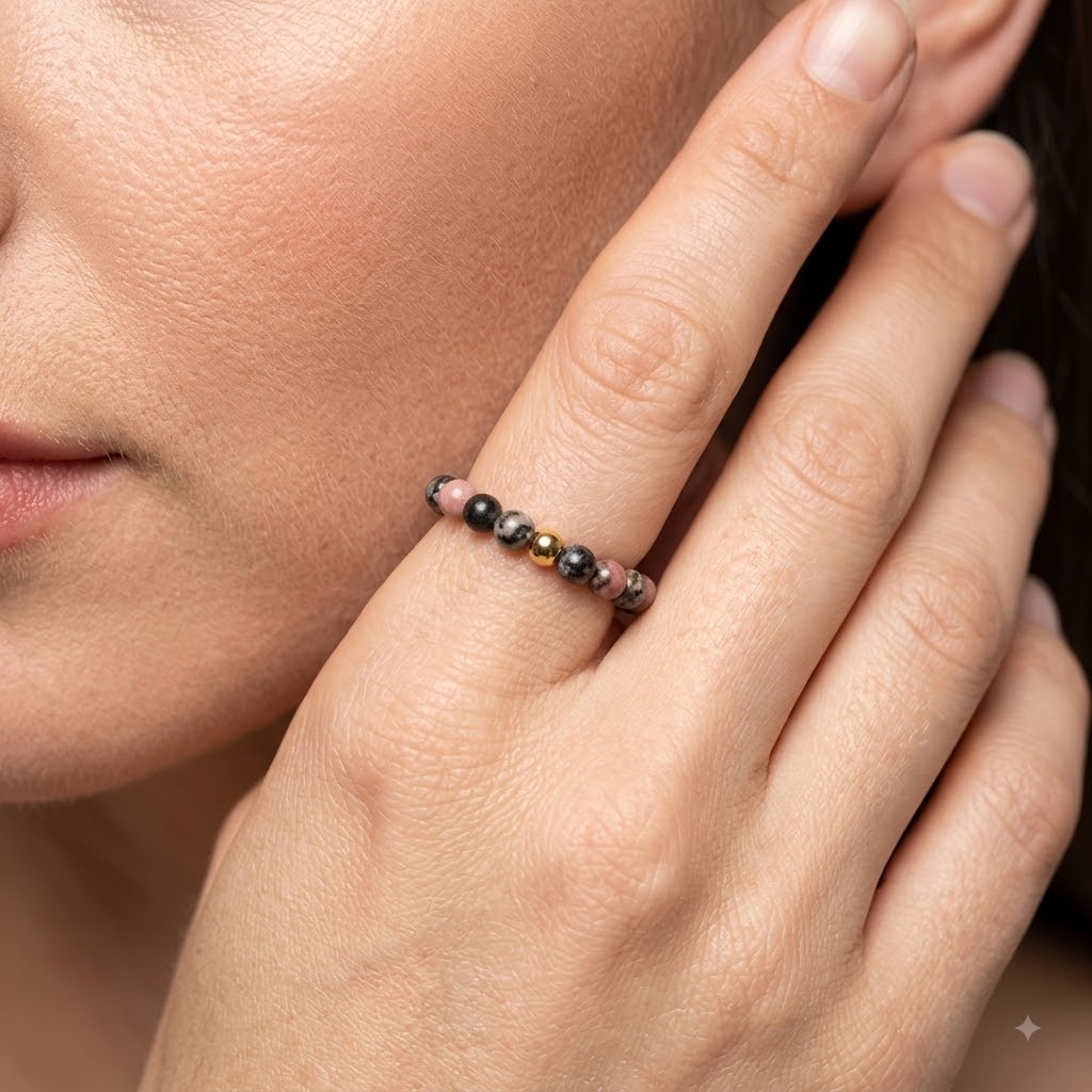 Rhodochrosite natural stone beaded stretch ring with gold stainless steel accent bead