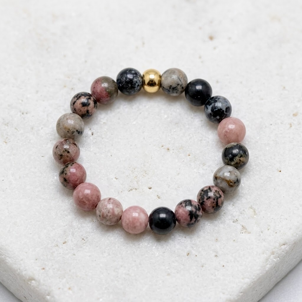 Rhodochrosite natural stone beaded stretch ring with gold stainless steel accent bead