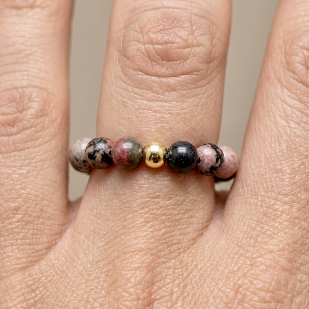 Rhodochrosite natural stone beaded stretch ring with gold stainless steel accent bead