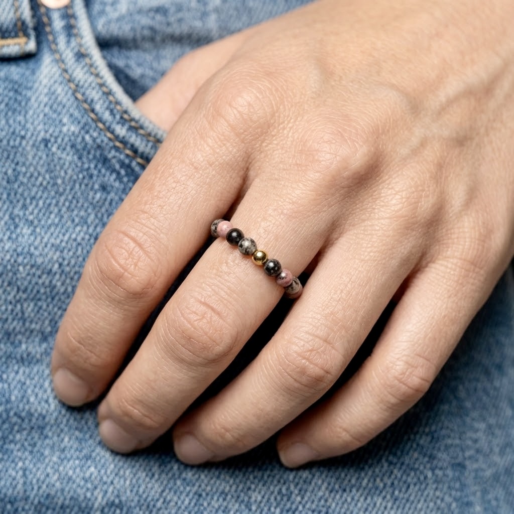 Rhodochrosite natural stone beaded stretch ring with gold stainless steel accent bead