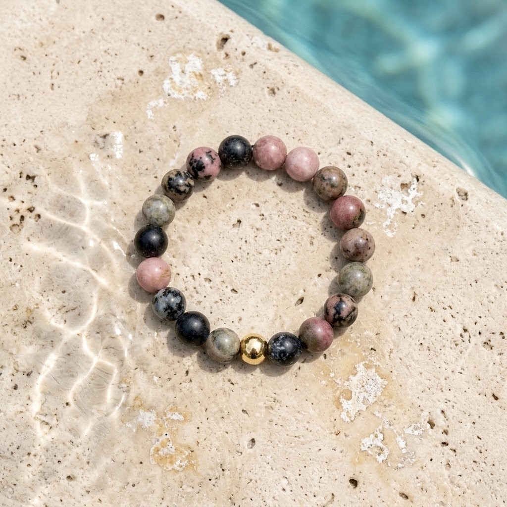 Rhodochrosite natural stone beaded stretch ring with gold stainless steel accent bead
