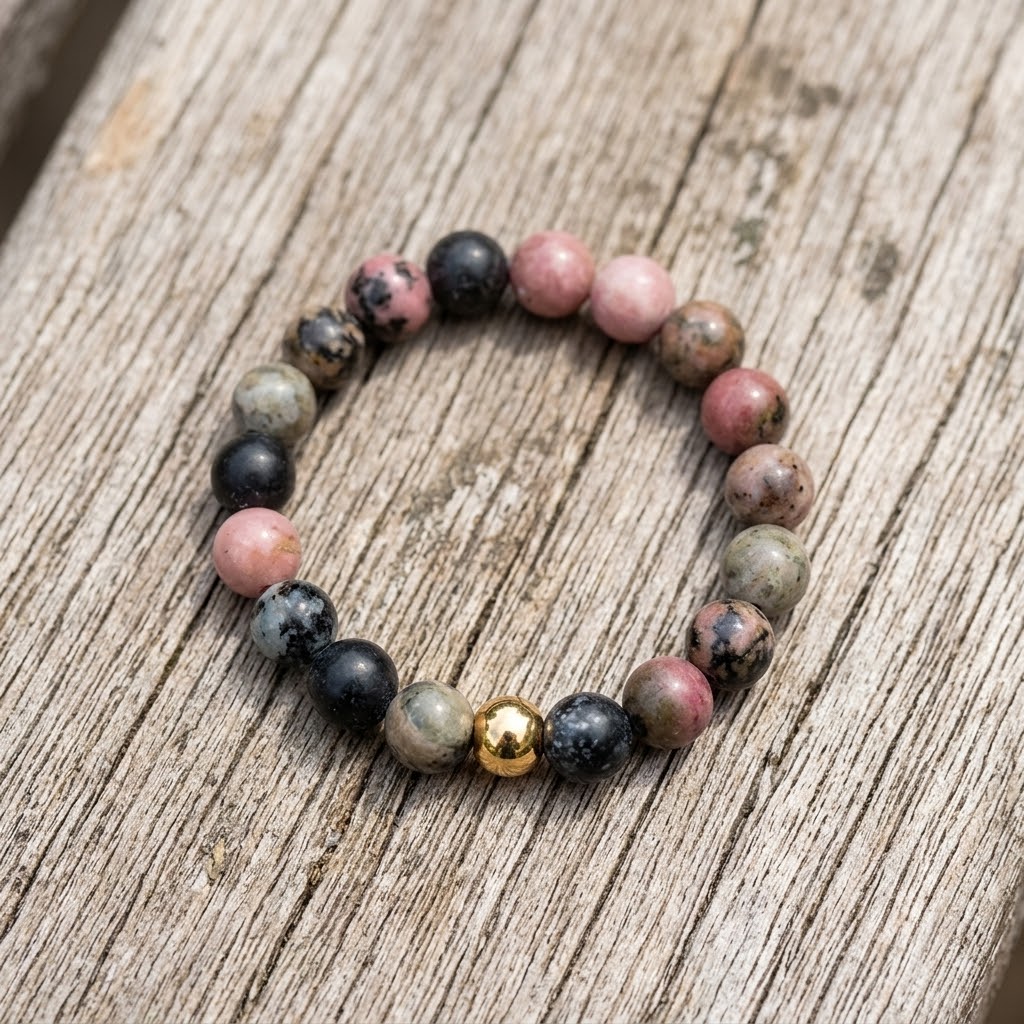 Rhodochrosite natural stone beaded stretch ring with gold stainless steel accent bead