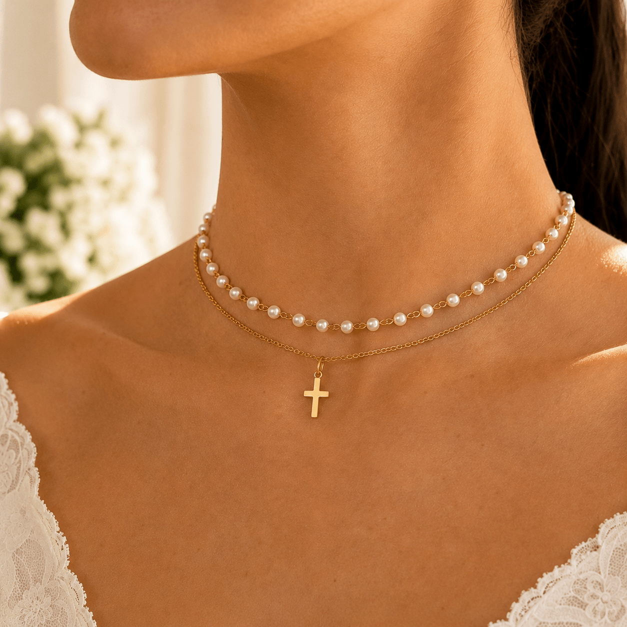 Layered pearl bead and gold chain choker necklace with cross pendant, dainty stainless steel design for women