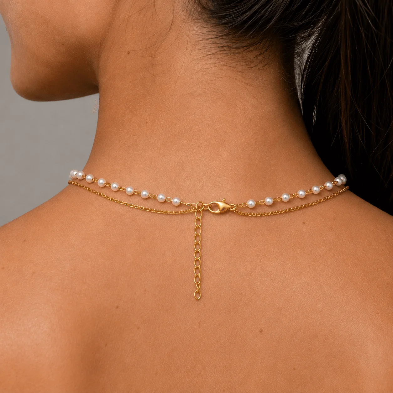 Layered pearl bead and gold chain choker necklace with cross pendant, dainty stainless steel design for women