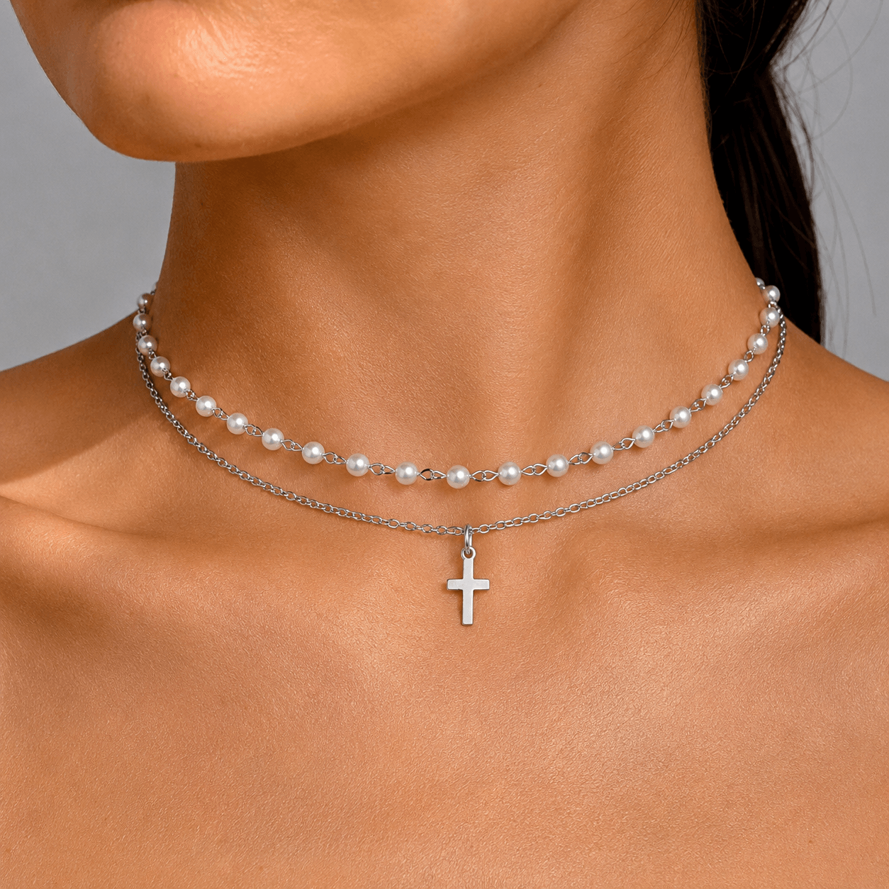 Layered pearl bead and gold chain choker necklace with cross pendant, dainty stainless steel design for women