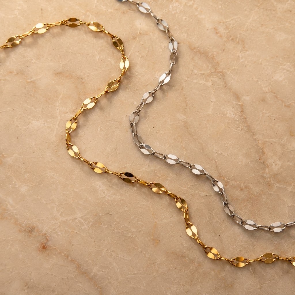 Gold and silver stainless steel mirror link barefoot sandal, adjustable ankle to toe foot chain